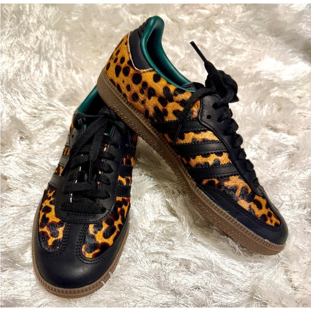 Adidas Samba OG Leopard Pony Hair Black Green Gum Sole Sneakers JI2735 Womens 7 - Picture 2 of 7